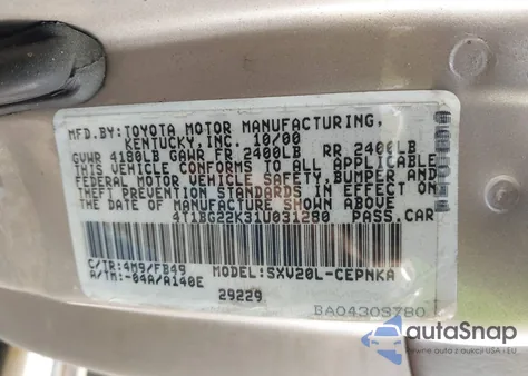 2001 Toyota Camry Le из США, поврежденный, VIN 4T1BG22K31U031280